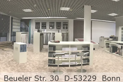 Blick in die Bonner Ausstellung mit Stoffbüchern und Musterwänden